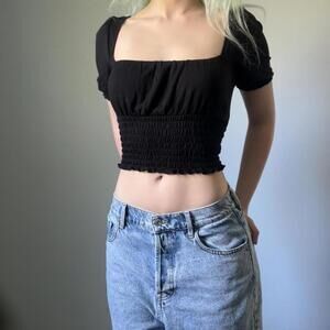 Cropped black puff sleeve square neck top